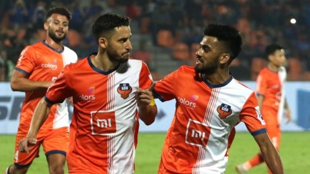 Players of FC Goa celebrate after scoring a goal.(FC Goa/ Twitter)