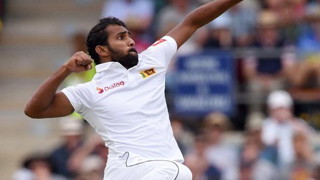 Sri Lanka's Chamika Karunaratne celebrates after dismissing Australia's Marnus Labuschagne during the first day of the second and final Test cricket match between Australia and Sri Lanka.(AFP)