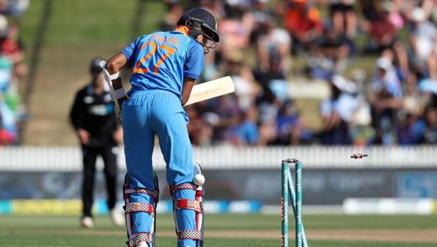 India's Khaleel Ahmed is bowled during the fourth one-day international between New Zealand and India at Seddon Park in Hamilton. (AFP) India's Khaleel Ahmed is bowled during the fourth one-day international between New Zealand and India at Seddon Park in Hamilton. (AFP)