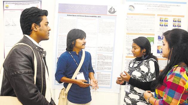 Students interact with each other during the poster presentation, as part of the symposium, on Wednesday. (Shankar Narayan/ HT Photo) Students interact with each other during the poster presentation, as part of the symposium, on Wednesday. (Shankar Narayan/ HT Photo)