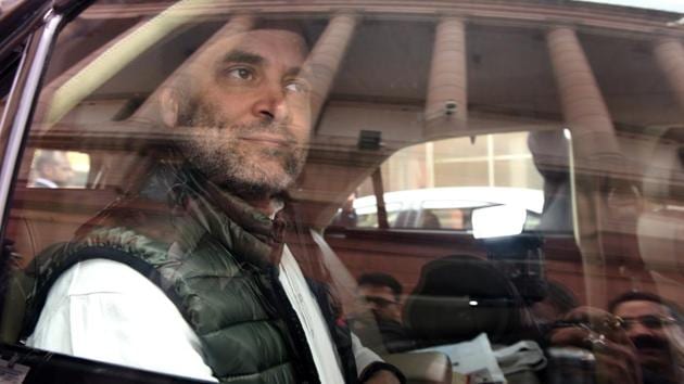 Congress President Rahul Gandhi leaves the Union Budget session 2019-20 at Parliament House, in New Delhi. Responding to the Budget 2019-20, Gandhi wrote on Twitter, Dear NoMo, 5 years of your incompetence and arrogance has destroyed the lives of our farmers. Giving them Rs. 17 a day is an insult to everything they stand and work for.” (Arvind Yadav / HT Photo)