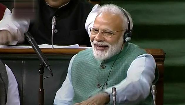 Prime Minister Narendra Modi cheers as Finance Minister Piyush Goyal presents the Interim Budget 2019-20 during the Budget Session at Lok Sabha, in New Delhi, Friday, Feb 1, 2019(PTI)