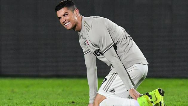 Juventus' Portuguese forward Cristiano Ronaldo reacts in pain during the match against Atalanta Bergamo. (AFP) Juventus' Portuguese forward Cristiano Ronaldo reacts in pain during the match against Atalanta Bergamo. (AFP)