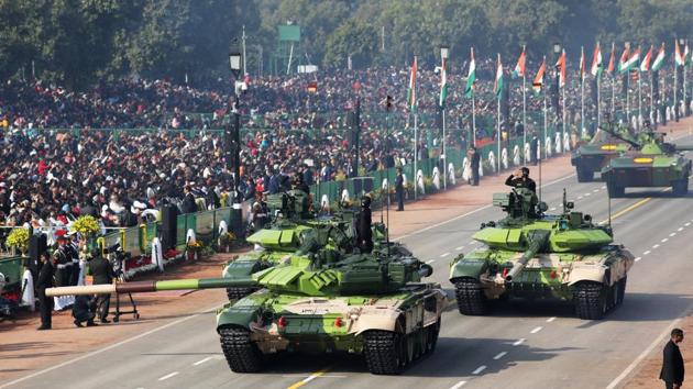 Indian Army T-90 (Bhishma) tanks move along the Rajpath during the Republic Day parade in New Delhi, India, on January 26. (Bloomberg) Indian Army T-90 (Bhishma) tanks move along the Rajpath during the Republic Day parade in New Delhi, India, on January 26. (Bloomberg)
