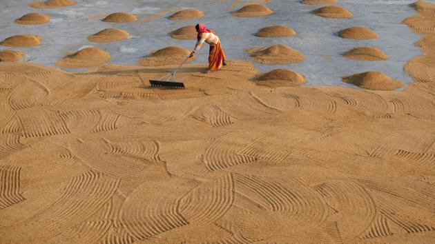 A worker spreads rice for drying at a rice mill on the outskirts of Kolkata, West Bengal. (Rupak De Chowdhuri / REUTERS)