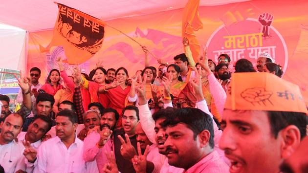 Members of the Maratha community celebrate the announcement of the 16% reservation for Marathas at Azad Maidan in Mumbai in November. (HT FILE)