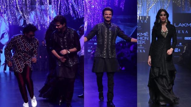 Anil Kapoor with Ranveer Singh (left) and Janhvi Kapoor on the ramp (right).(Varinder Chawla)