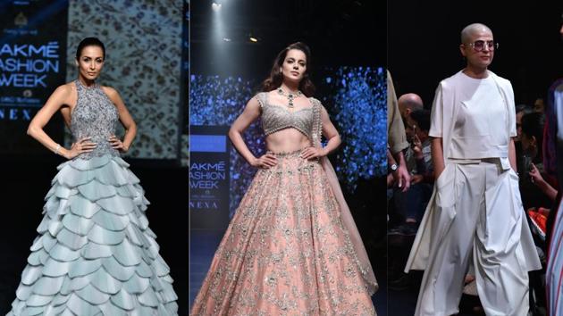 Malaika Arora, Kangana Ranaut and Tahira Kashyap walk the ramp at the Lakme Fashion Week.(Varinder Chawla)