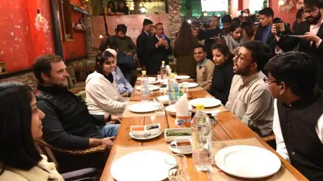 Congress president Rahul Gandhi interacts with college students during at a meeting in a restaurant at Lodhi Road, New Delhi, on February 1. (Arvind Yadav/HT PHOTO) Congress president Rahul Gandhi interacts with college students during at a meeting in a restaurant at Lodhi Road, New Delhi, on February 1. (Arvind Yadav/HT PHOTO)