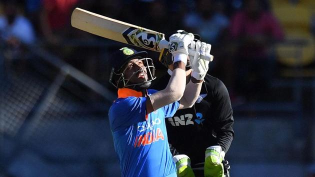 Hardik Pandya hits a six during the fifth one-day international (ODI) match between New Zealand and India.(AFP)