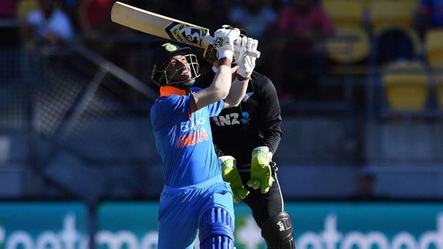 India's Hardik Pandya hits a six during the fifth one-day international (ODI). (AFP)