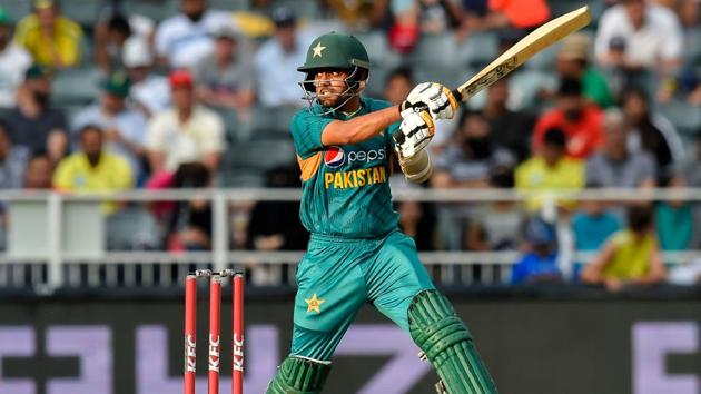 Babar Azam plays a shot during the second T20 cricket match between South Africa and Pakistan.(AFP)