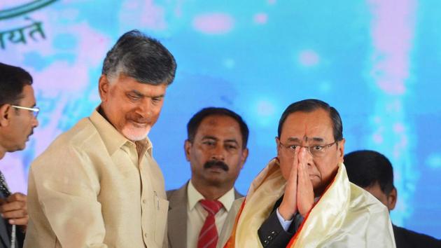 Andhra Pradesh chief minister Chandrababu Naidu felicitates Supreme Court Chief Justice Ranjan Gogoi during the inauguration of interim High Court complex at Nelapadu village, in Amaravati on February 3. (PTI Photo) Andhra Pradesh chief minister Chandrababu Naidu felicitates Supreme Court Chief Justice Ranjan Gogoi during the inauguration of interim High Court complex at Nelapadu village, in Amaravati on February 3. (PTI Photo)
