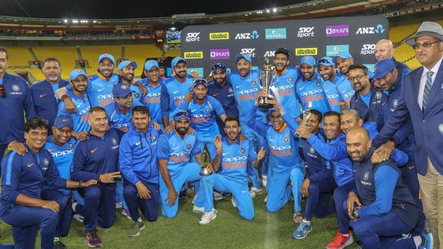 India's players celebrate with the series trophy after beating New Zealand in the fifth one day international. (AP) India's players celebrate with the series trophy after beating New Zealand in the fifth one day international. (AP)
