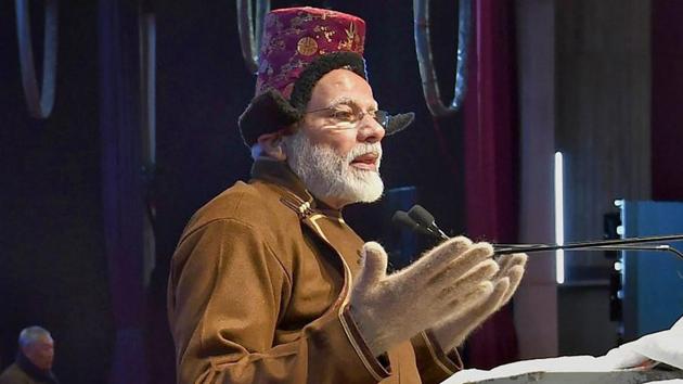 Prime Minister Narendra Modi in Leh, where he launched the University of Ladakh, the first-ever varsity in the Ladakh region of Jammu and Kashmir.(PTI)