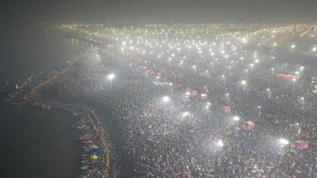 At least 3 crore devotees are expected to take a holy dip in the third official bathing and second ‘shahi snan’ of Mauni Amavasya during the ongoing Kumbh Mela in Prayagraj on Monday, officials said.(UP govt) At least 3 crore devotees are expected to take a holy dip in the third official bathing and second ‘shahi snan’ of Mauni Amavasya during the ongoing Kumbh Mela in Prayagraj on Monday, officials said.(UP govt)