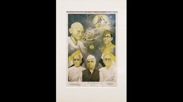 ‘Hind ke Amar Neta (No 102),’ circa 1930s-40s. Popular Prints and the Freedom Struggle curated by Paula Sengupta showcases posters that became brands of kitsch and served as nationalist literature and propaganda for India’s freedom movement. In one such poster Hind ke Amar Neta, the Red Fort becomes the centre for power, surrounded by Bose, Nehru, Gandhi and Patel, but not without two Indian gods watching over them. (Paroma Mukherjee / HT Photo) ‘Hind ke Amar Neta (No 102),’ circa 1930s-40s. Popular Prints and the Freedom Struggle curated by Paula Sengupta showcases posters that became brands of kitsch and served as nationalist literature and propaganda for India’s freedom movement. In one such poster Hind ke Amar Neta, the Red Fort becomes the centre for power, surrounded by Bose, Nehru, Gandhi and Patel, but not without two Indian gods watching over them. (Paroma Mukherjee / HT Photo)