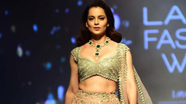 Kangana Ranaut showcases fashion designer Anushree Reddy's creation during Lakme Fashion Week (LFW) Summer/Resort 2019 in Mumbai.(IANS)