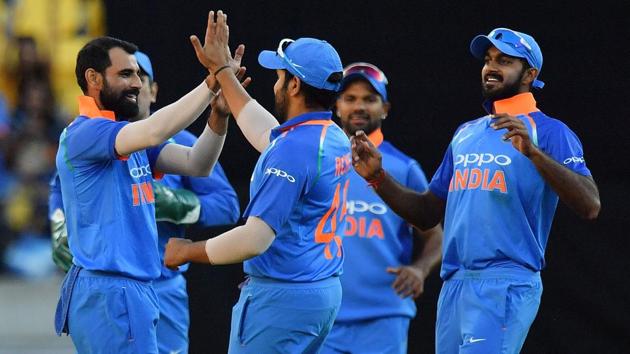 Mohammed Shami celebrates a wicket with his teammates. (AFP) Mohammed Shami celebrates a wicket with his teammates. (AFP)