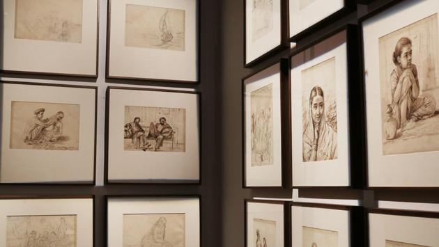 Raja Ravi Verma’s ‘Sketchbook’ at Drishyakala. In Varma’s Sketchbook lies a passage to the eventual making of his several paintings. Some of the rare drawings comprising barbers, street musicians, women and children adorn a wall that offers valuable insight into his detailed compositions. (Paroma Mukherjee / HT Photo) 