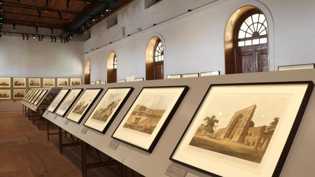 At Drishyakala, the room 'Oriental Scenery: Aquatints of India by Thomas Daniell and William Daniell,' curated by art historian Giles Tillotson, brings alive Indian architecture and landscape through their travels across India. The barracks in the Red Fort, built to house the British army after the 1857 uprising and the deposition of Bahadur Shah Zafar, have since been a grave reminder of the destruction unleashed on Delhi after the uprising. (Paroma Mukherjee / HT Photo) 