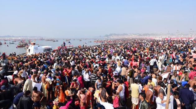 At least 7.49 crore devotees have taken the dip in the waters of Sangam in Prayagraj till Sunday since the beginning of the 49-day Kumbh Mela from January 15, the Uttar Pradesh government has said. A report said that on the first day of the Kumbh Mela, which began with the first of the three Shahi Snans of Makar Sankranti, 2.25 crore people bathed in the Sangam. (Sheeraz Rizvi / HT File)