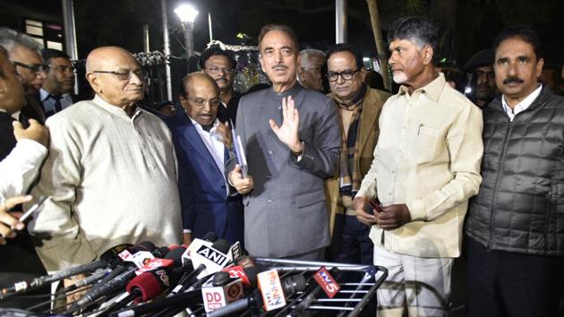 Congress leader Ghulam Nabi Azad speaks to media along with CPI leader D Raja, Andhra Pradesh Chief Minister and TDP supremo N Chandrababu Naidu after a meeting Election Commission of India, outside Election Commission Headquarters, in New Delhi on Monday. (Raj K Raj/HT PHOTO) Congress leader Ghulam Nabi Azad speaks to media along with CPI leader D Raja, Andhra Pradesh Chief Minister and TDP supremo N Chandrababu Naidu after a meeting Election Commission of India, outside Election Commission Headquarters, in New Delhi on Monday. (Raj K Raj/HT PHOTO)
