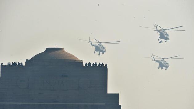 Three ALH Mk IV helicopter fly past the India Gate in 'Rudra' formation during the 70th Republic Day Parade at Rajpath in New Delhi. (PTI FILE PHOTO) Three ALH Mk IV helicopter fly past the India Gate in 'Rudra' formation during the 70th Republic Day Parade at Rajpath in New Delhi. (PTI FILE PHOTO)