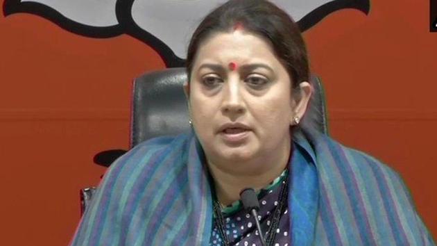 Smriti Irani said that the Supreme Court’s order directing Kolkata Police Commissioner Rajeev Kumar to present himself before the CBI in Shillong, only certified that there was lawlessness in West Bengal.(ANI Photo)