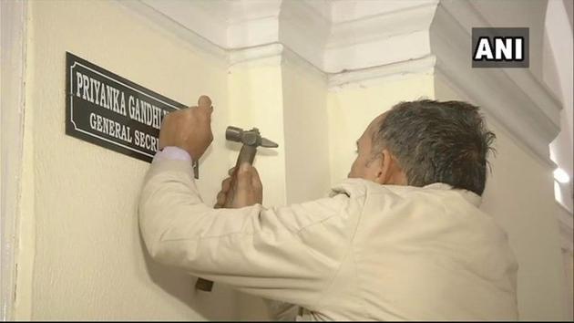 Nameplate of Priyanka Gandhi Vadra being put up outside the room allotted to her at Congress headquarters(ANI)