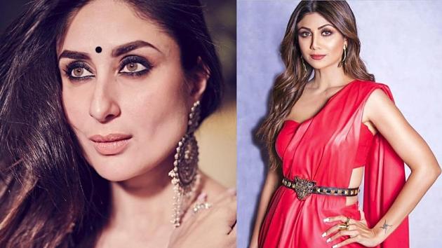Kareena Kapoor wearing a saree by fashion designer Masaba Gupta, and, Shilpa Shetty in a custom faux leather saree by Nidhi Malhan paired with an embellished Aldo belt. (Instagram)