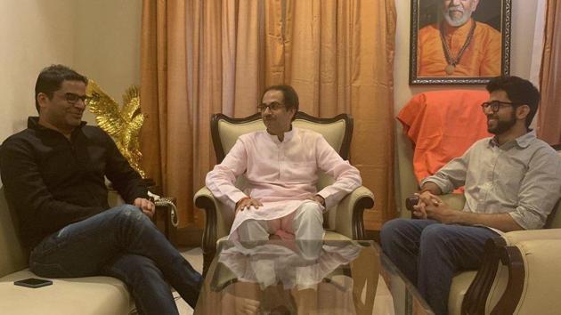 Sena chief Uddhav Thackeray with poll strategist Prashant Kishor and Shiv Sena youth wing chief Aditya Thackeray.(Twitter/Aaditya Thackeray) Sena chief Uddhav Thackeray with poll strategist Prashant Kishor and Shiv Sena youth wing chief Aditya Thackeray.(Twitter/Aaditya Thackeray)
