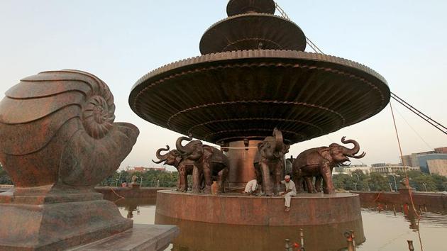 Under Mayawati government, four memorials – Dr Bhimrao Ambedkar Samajik Parivartan Sthal, Manyavar Kanshi Ram Smarak Sthal, Buddha Vihar Shanti Upvan and Manyavar Kanshi Ram Green Eco Garden – were constructed in Lucknow while two memorials – Rashtriya Dalit Prerna Sthal and Green Garden – were constructed in Noida. (HT File) Under Mayawati government, four memorials – Dr Bhimrao Ambedkar Samajik Parivartan Sthal, Manyavar Kanshi Ram Smarak Sthal, Buddha Vihar Shanti Upvan and Manyavar Kanshi Ram Green Eco Garden – were constructed in Lucknow while two memorials – Rashtriya Dalit Prerna Sthal and Green Garden – were constructed in Noida. (HT File)
