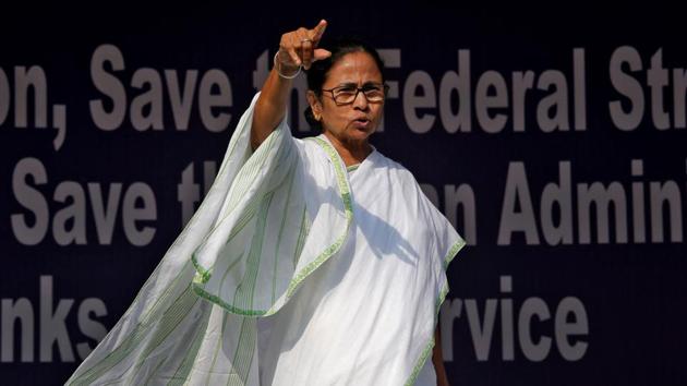 West Bengal chief minister Mamata Banerjee gestures at Dharna Manch during 'Save the Constitution' dharna in Kolkata on February 5.(ANI Photo)