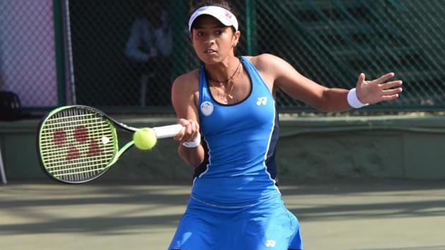 Ankita Raina in action during the BVG Pune Open ITF Women’s Championships.(HT Photo)