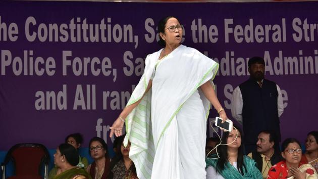 West Bengal chief minister Mamata Banerjee during her 'Save the Constitution' dharna in Kolkata on February 5.(ANI Photo)