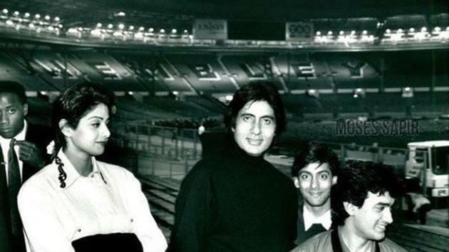 Amitabh Bachchan shared this throwback picture featuring Sridevi, Aamir Khan and Salman Khan on Instagram.(Instagram)