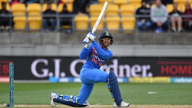 Smriti Mandhana plays a shot during the first Twenty20 international against New Zealand in Wellington.(AFP)