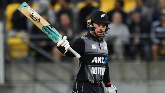 New Zealand's Tim Seifert celebrates his half-century (50 runs). (AFP)