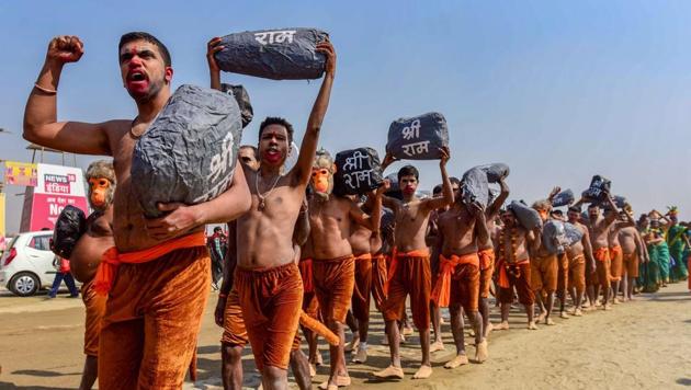 Hindu devotees, dressed up as Ram Sena, press for the construction of the Ram Temple in Ayodhya, during the Kumbh Mela in Prayagraj, 2019(PTI)