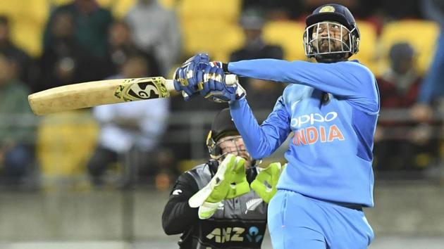 Krunal Pandya skies the ball against New Zealand during the Twenty20 international.(AP) Krunal Pandya skies the ball against New Zealand during the Twenty20 international.(AP)