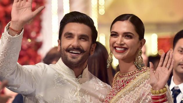 Ranveer Singh and Deepika Padukone at the wedding ceremony of Isha Ambani, Dec. 12, 2018. (PTI Photo/Mitesh Bhuvad)(PTI)