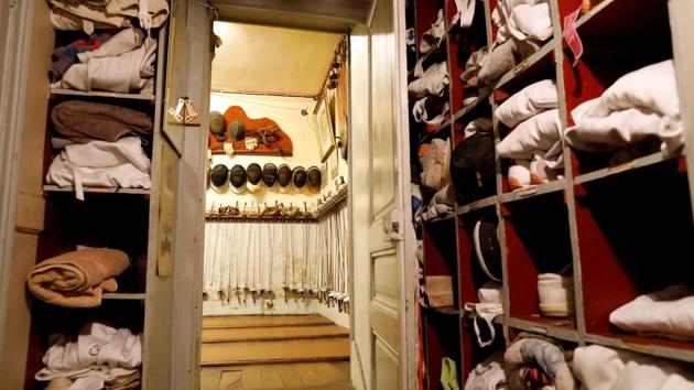 The cloakroom is pictured at the Salle d’Armes Coudurier. Eschewing the modern style, the club maintains its 7 metre long leather mats and keeps them at just half a metre wide, compared to the modern specifications of 15 metres by 1.5 metres. (Charles Platiau / REUTERS)