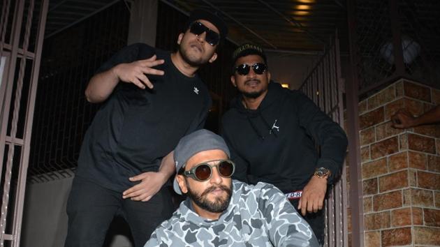 Actor Ranveer Singh seen with rappers Vivian Fernandes and Naved Shaikh, popularly known as Divine and Naezy respectively, at a dubbing studio in Mumbai.(IANS)