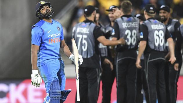 India's Rohit Sharma walks, out for 1, caught by New Zealand's Lockie Fergusson off the bowling of Tim Southee(AP) India's Rohit Sharma walks, out for 1, caught by New Zealand's Lockie Fergusson off the bowling of Tim Southee(AP)