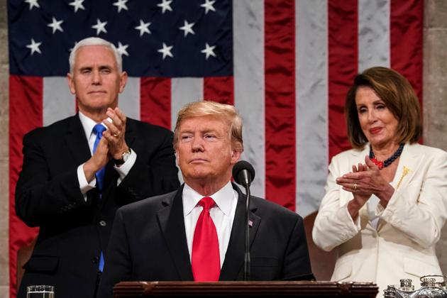 US President Donald Trump delivers the State of the Union address, alongside Vice President Mike Pence and Speaker of the House Nancy Pelosi, at the US Capitol in Washington, DC, on February 5. (AFP Photo) US President Donald Trump delivers the State of the Union address, alongside Vice President Mike Pence and Speaker of the House Nancy Pelosi, at the US Capitol in Washington, DC, on February 5. (AFP Photo)