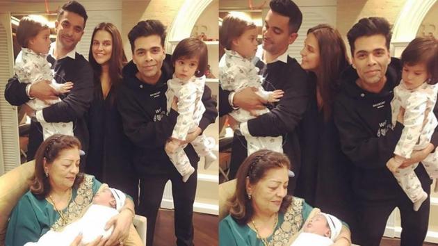 Neha Dhupia and Angad Bedi with their daughter Mehr and Karan Johar’s twins and mother Hiroo Johar.(Instagram)