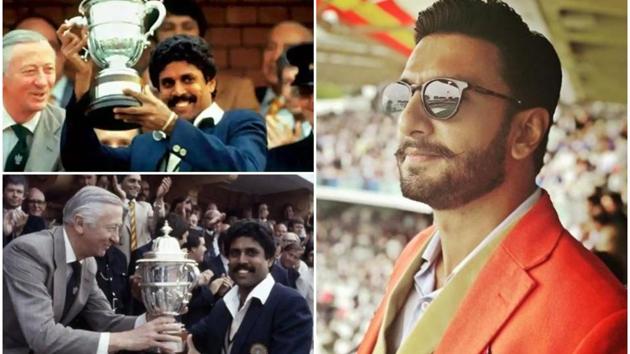 Ranveer Singh at the Lord’s Cricket Ground and (left) Kapil Dev with the World Cup trophy in 1983.(Instagram/HT Photo)