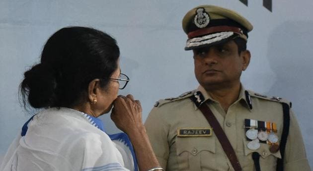 Rajeev Kumar, Kolkata Police Commissioner with West Bengal chief minister Mamata Banerjee at Esplanade in Kolkata on February 4. (Arijit Sen/HT Photo) Rajeev Kumar, Kolkata Police Commissioner with West Bengal chief minister Mamata Banerjee at Esplanade in Kolkata on February 4. (Arijit Sen/HT Photo)