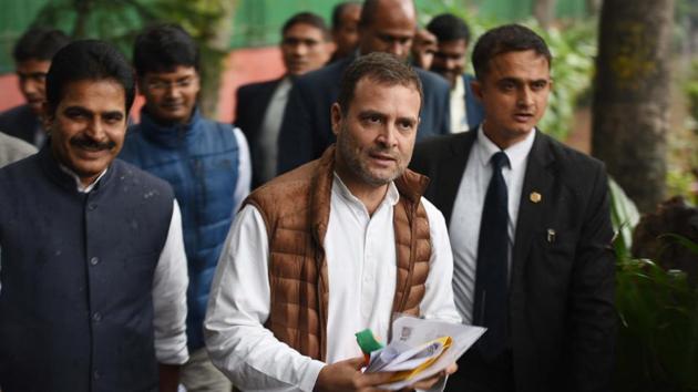 Congress President Rahul Gandhi arrives for general secretaries meeting at congress headquarters in New Delhi on Thursday. (Raj K Raj/HT PHOTO) Congress President Rahul Gandhi arrives for general secretaries meeting at congress headquarters in New Delhi on Thursday. (Raj K Raj/HT PHOTO)